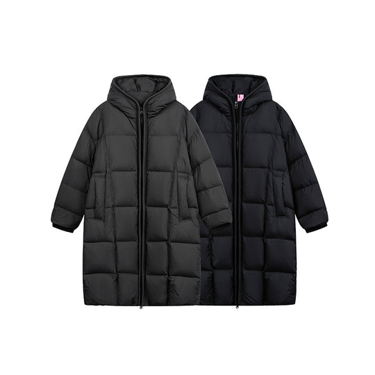 Damen Langer Steppmantel mit Kapuze, Oversize Thermoisolierung Nord Taschen