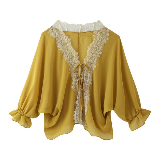 Damen Leichter Chiffon-Kimono mit Spitzenbesatz und Bindeband Nord Taschen