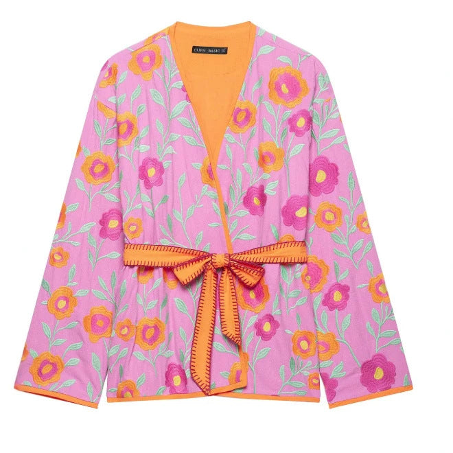 Damen Bestickte Kimonojacke mit Blumenstickerei, Bindegürtel und kontrastierendem Besatz Nord Taschen