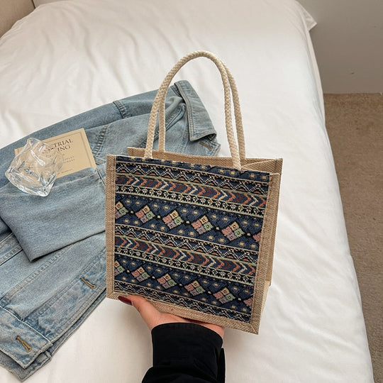 Damen Jute-Tragetasche mit dekorativem Ethno-Muster Nord Taschen