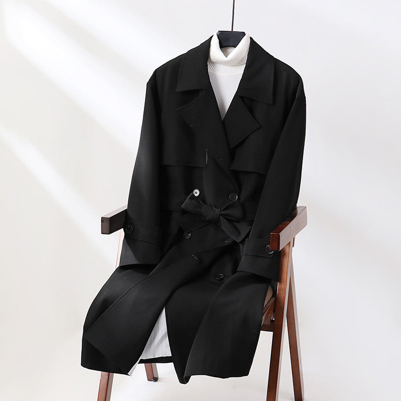 Damen Langer taillierter Trenchcoat mit weitem Schalkragen und Bindegürtel Nord Taschen