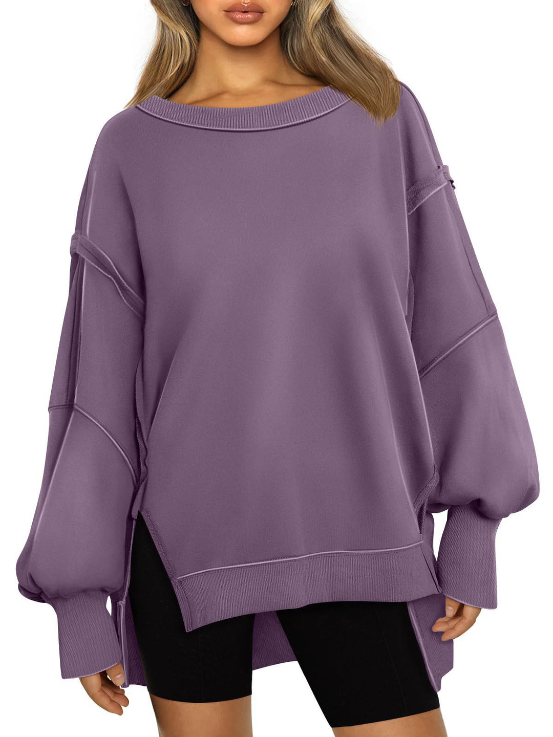 Damen Weiches Longline-Sweatshirt mit Ballonärmeln, seitlichen Schlitzen und geripptem Saum Nord Taschen