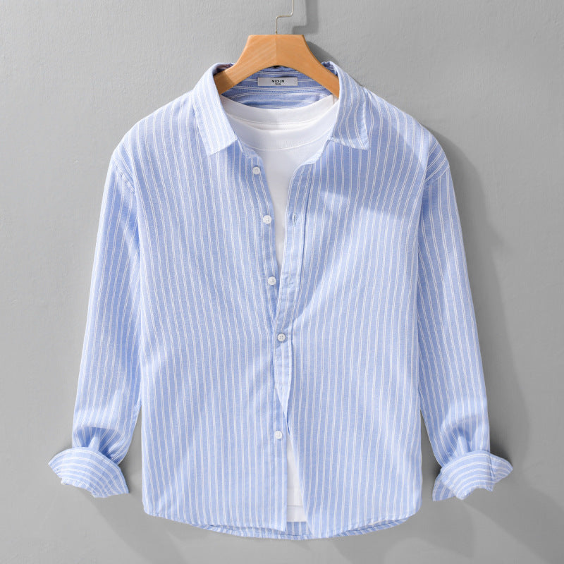 Herren Lässiges Leinen-Baumwoll-Langarmhemd mit feinem Nadelstreifen, Easy‑Care Finish und abgerundetem Saum Nord Taschen