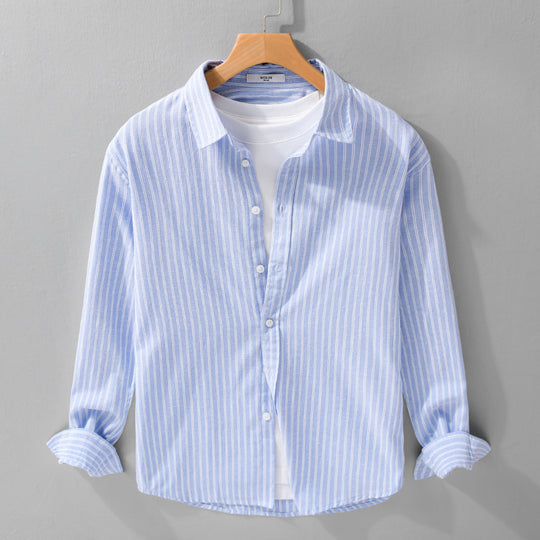 Herren Lässiges Leinen-Baumwoll-Langarmhemd mit feinem Nadelstreifen, Easy‑Care Finish und abgerundetem Saum Nord Taschen