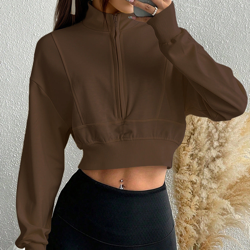 Damen kurzes Stehkragen-Sweatshirt mit halbem Reißverschluss, tailliertem Rippenbund und Daumenloch-Ärmeln Nord Taschen