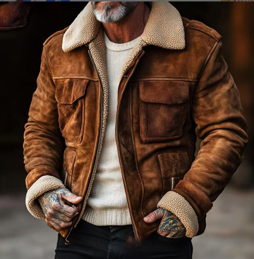 Herren Lammfell‑Imitat‑Fliegerjacke im Vintage‑Lederlook Nord Taschen