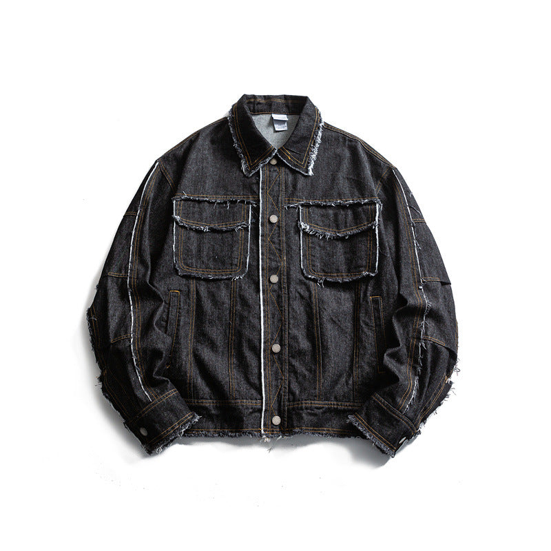 Herren Oversize Jeansjacke mit ausgefransten Kanten und großen Pattenstaschen Nord Taschen