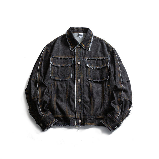 Herren Oversize Jeansjacke mit ausgefransten Kanten und großen Pattenstaschen Nord Taschen