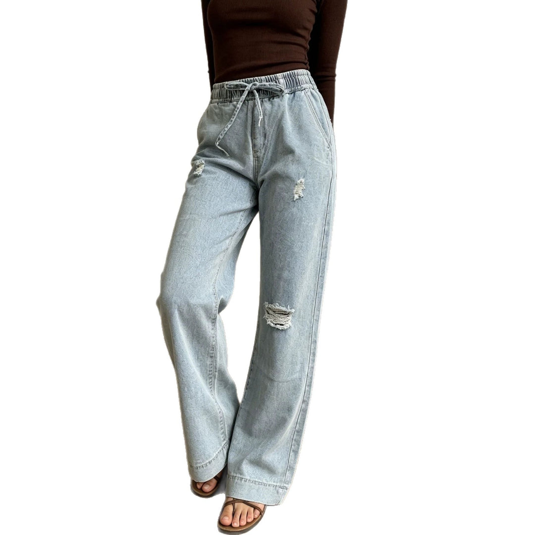 Damen weite Denimhose mit elastischem Kordelbund, Used-Effekten und lockerer Passform Nord Taschen