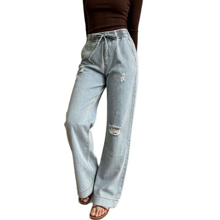Damen weite Denimhose mit elastischem Kordelbund, Used-Effekten und lockerer Passform Nord Taschen
