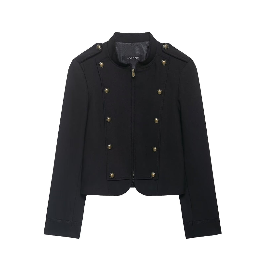 Damen Kurzjacke im Military-Stil mit Stehkragen, Zierknopfleiste und feinem Nadelstreifen Nord Taschen