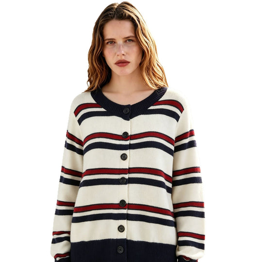 Damen Gestreifte Strickjacke mit Knopfleiste und geripptem Saum Nord Taschen