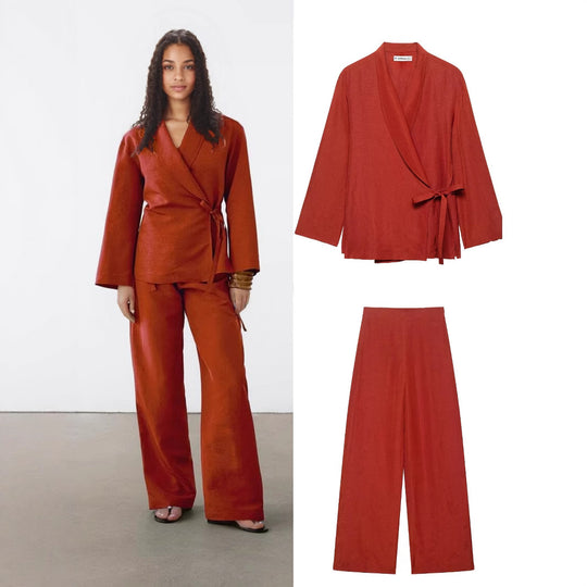 Damen Wickel-Kimono-Set mit Taillenband und weiter Palazzo-Hose Nord Taschen
