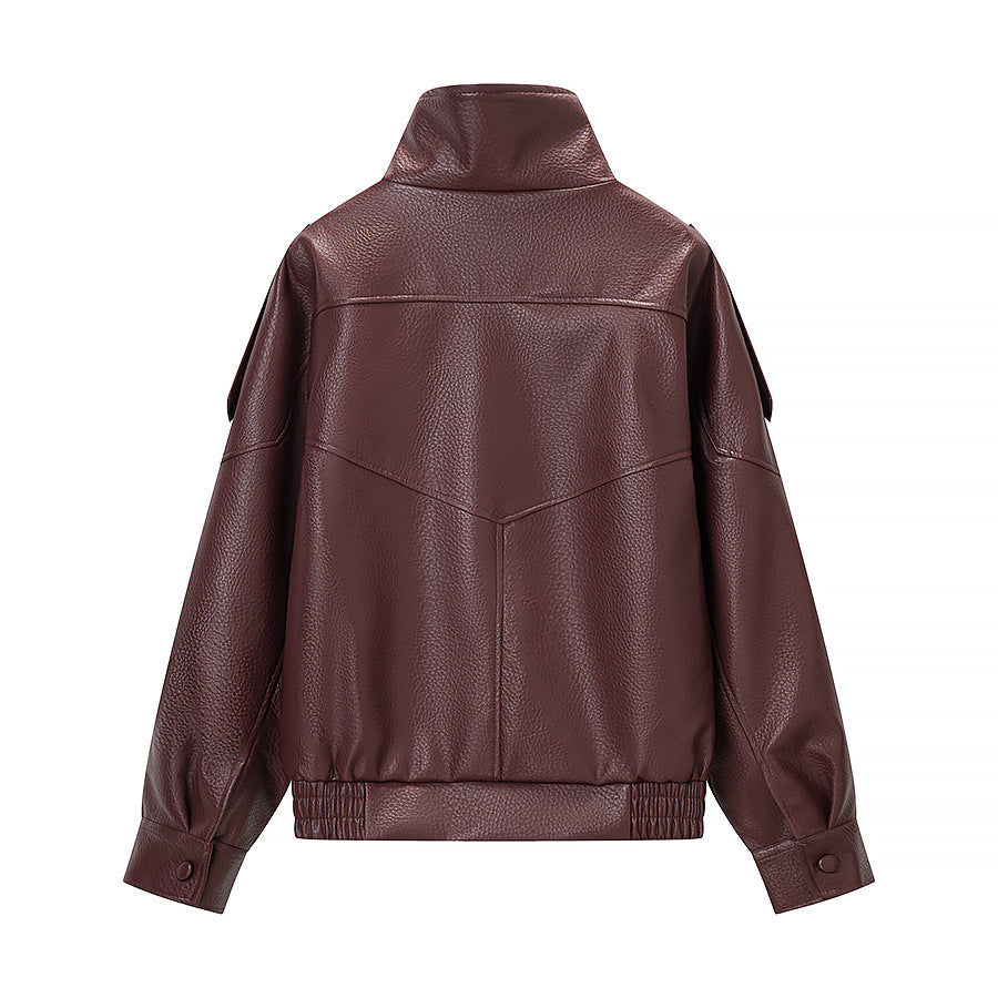 Damen Oversized Kunstlederjacke mit hohem Stehkragen, asymmetrischer Knopfleiste und elastischem Saum Nord Taschen