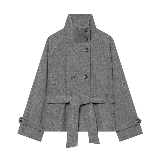 Damen Cape-Übergangsjacke im kurzen Schnitt mit hohem Kragen, doppelter Knopfleiste und Taillenbindegürtel Nord Taschen