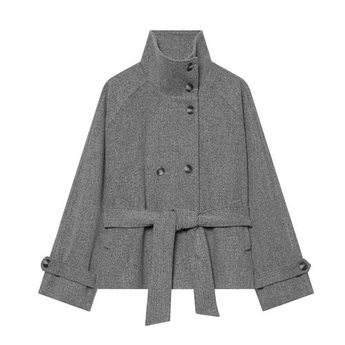 Damen Cape-Übergangsjacke im kurzen Schnitt mit hohem Kragen, doppelter Knopfleiste und Taillenbindegürtel Nord Taschen