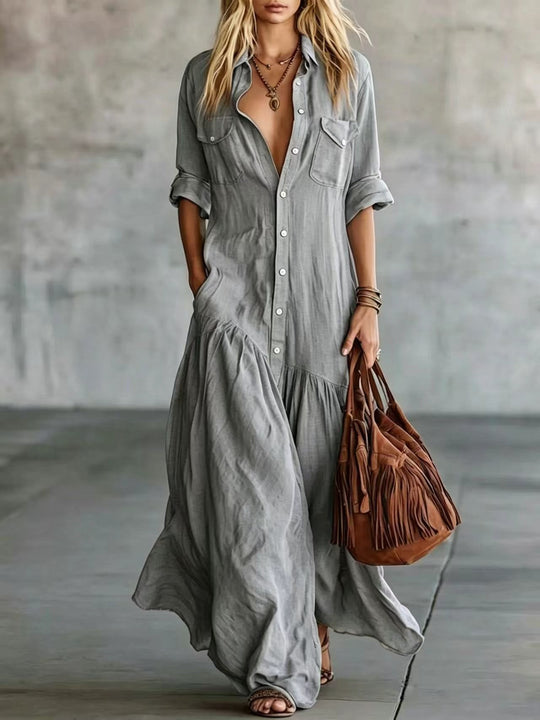 Damen Langes fließendes Hemdblusen-Maxikleid mit Knopfleiste, aufgesetzten Brusttaschen und seitlichen Eingrifftaschen Nord Taschen
