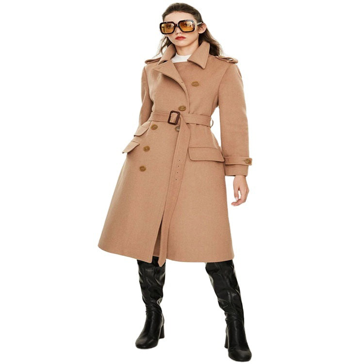 Damen taillierter A‑Linien Trenchcoat aus Woll‑Kaschmirmix mit Taillengürtel und Patten Nord Taschen