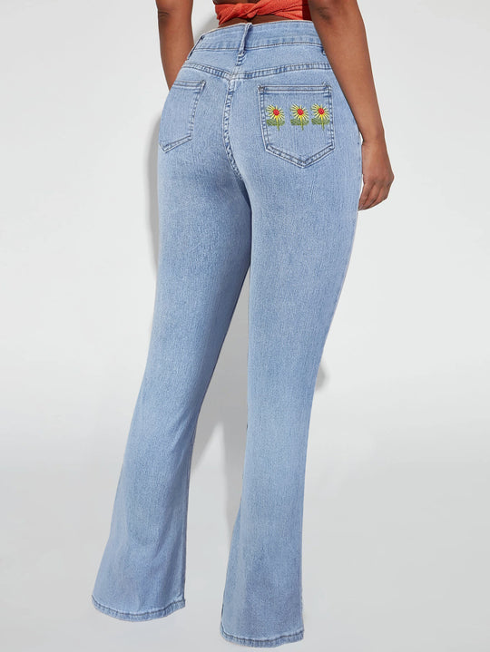 Damen hochgeschnittene schmal zulaufende ausgestellte Jeans mit taillenformendem Bund Nord Taschen