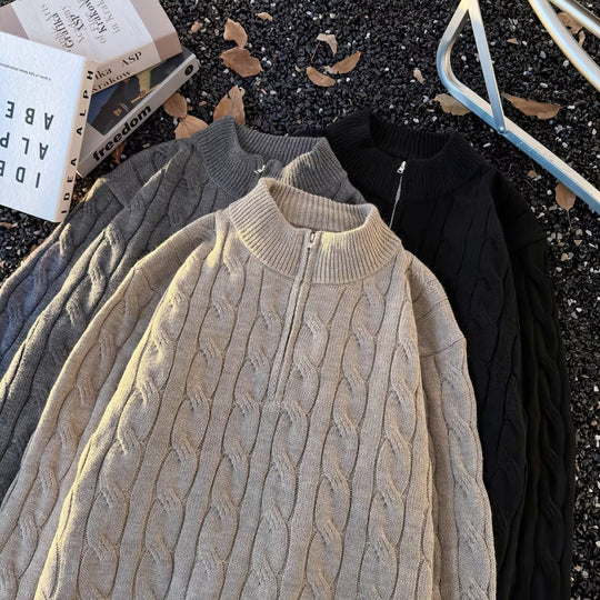 Unisex Oversize-Zopfmuster-Halbzip-Pullover mit extra hohem Rippkragen und schwerer Baumwollmischung Nord Taschen