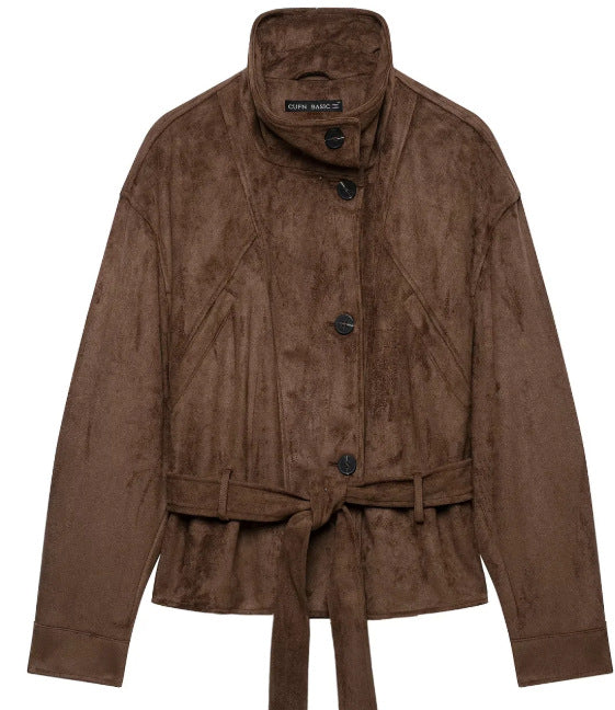 Damen Kurzjacke aus Veloursimitat mit Stehkragen und Taillengürtel Nord Taschen