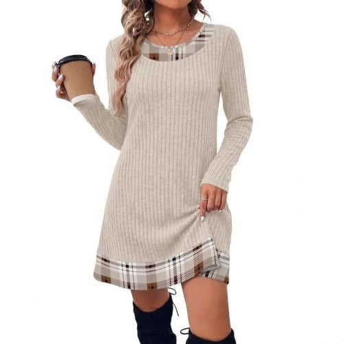 Damen Gerippte Longshirt‑Kleid mit Karierter Saum‑ und Ausschnittblende Nord Taschen