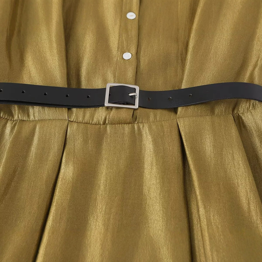 Damen Ärmelloses Hemdblusenkleid mit Taillenfalten und Gürtel Nord Taschen