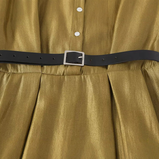 Damen Ärmelloses Hemdblusenkleid mit Taillenfalten und Gürtel Nord Taschen