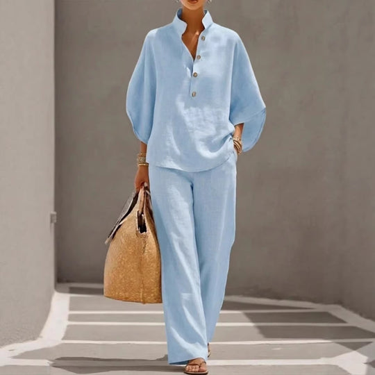 Damen Leichtes Leinen-Loungewear-Set mit Stehkragen Knopfleiste und weitem Marlene-Schnitt Nord Taschen