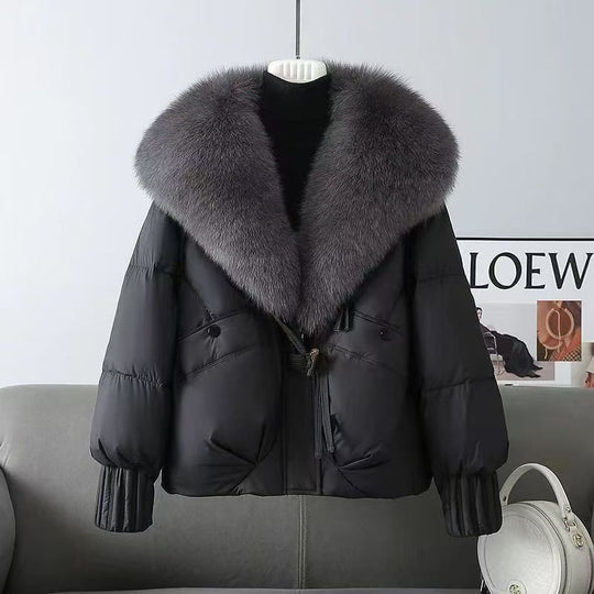 Damen nan kurze wattierte Jacke mit üppigem Fellkragen in Felloptik und taillierendem Kordelzug Nord Taschen
