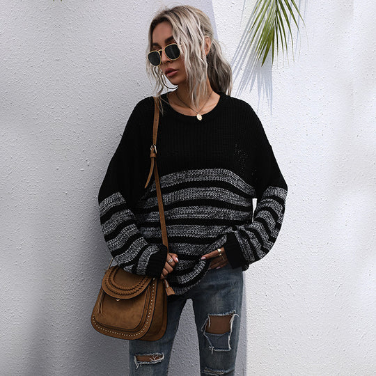 Damen Bequemer Strickpullover mit Streifenmuster Nord Taschen