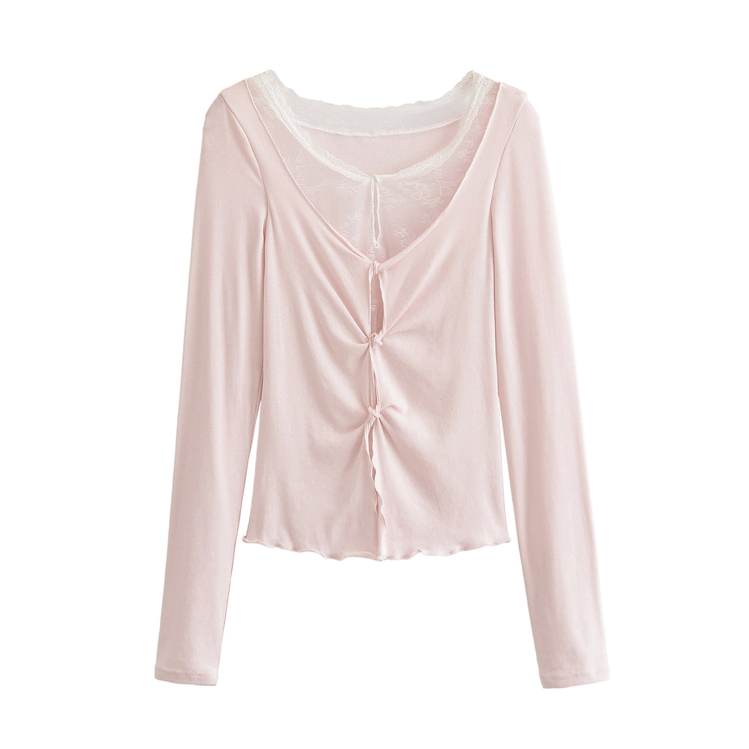 Damen Langarm-Feinjersey-Top mit Spitzen-Einsatz, Knotenfront und Raffung Nord Taschen