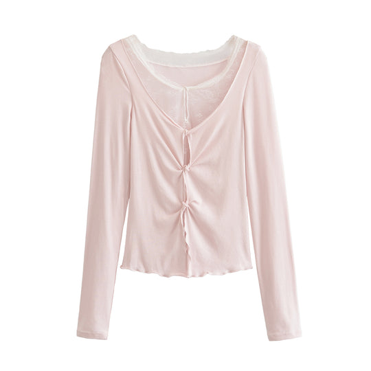 Damen Langarm-Feinjersey-Top mit Spitzen-Einsatz, Knotenfront und Raffung Nord Taschen