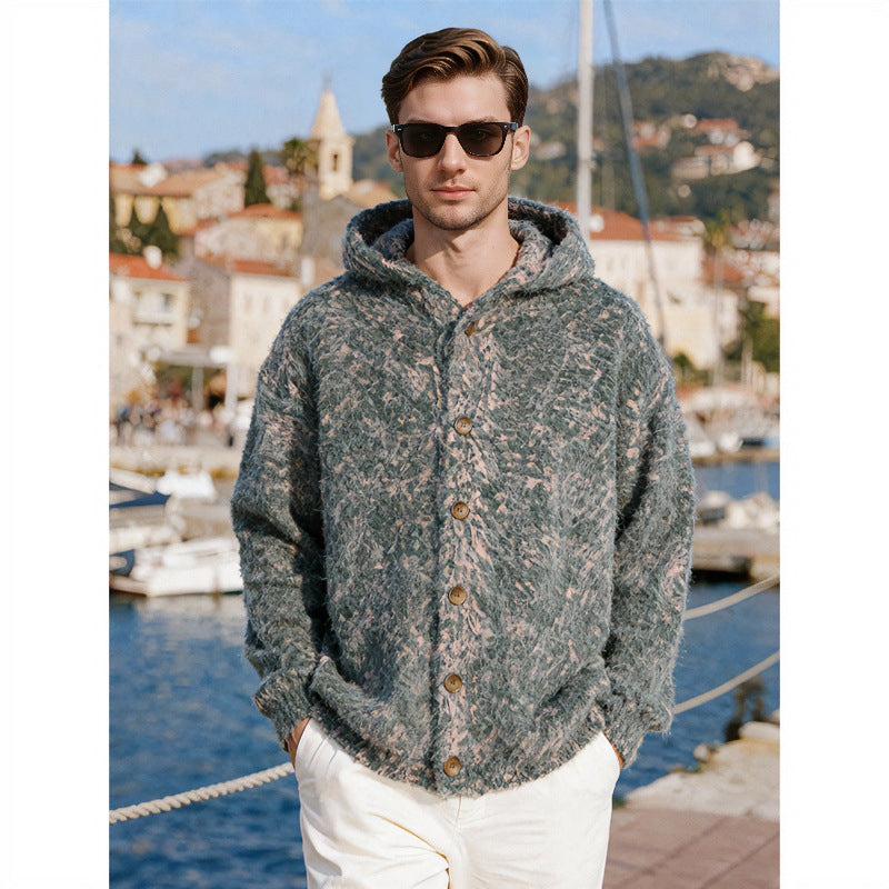 Damen Flauschige Kapuzen-Strickjacke mit Knopfleiste und melierter Bouclé-Optik Nord Taschen
