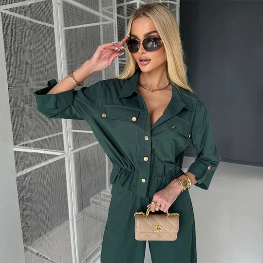 Damen Zweiteiliges Utility-Hemdjacken- und Hochbundhosen-Set mit Kordelzug und goldenen Druckknöpfen Nord Taschen