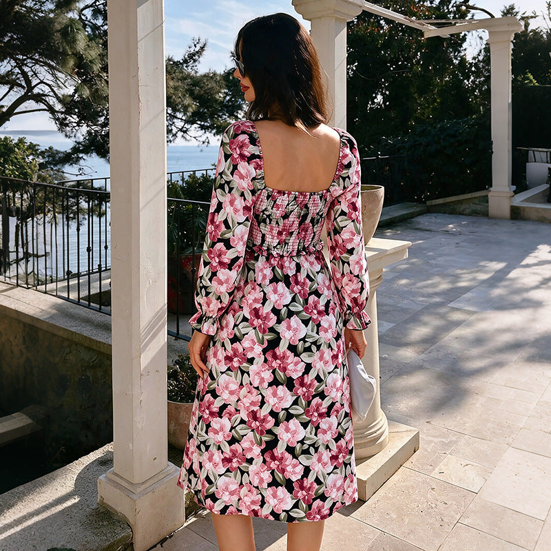 Damen Floral Langarmkleid mit Schlitz Nord Taschen