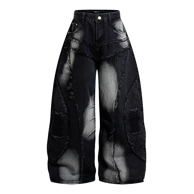 Damen Hochtaillierte weit geschnittene Destroy-Jeans mit Fransen‑Nahtdetails Nord Taschen