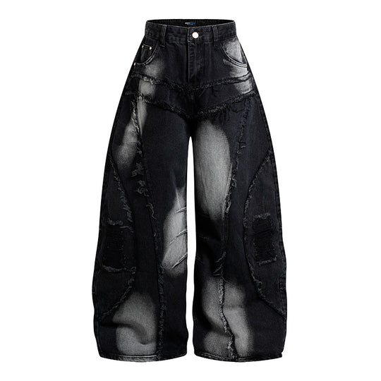 Damen Hochtaillierte weit geschnittene Destroy-Jeans mit Fransen‑Nahtdetails Nord Taschen