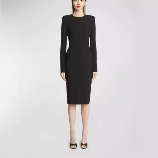 Damen Figurbetontes Midikleid mit Rundhalsausschnitt und langen Ärmeln Nord Taschen