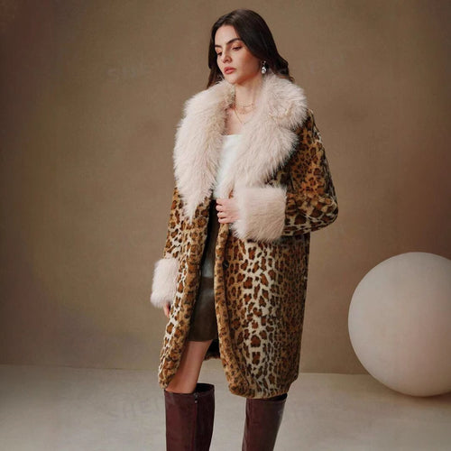 Damen Midilanger Kunstpelzmantel im Animal-Look mit abgesetztem Langhaar-Kragen und Manschetten Nord Taschen