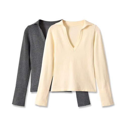 Damen Feinstrick-Longsleeve mit tiefem V-Ausschnitt und Hemdkragen Nord Taschen