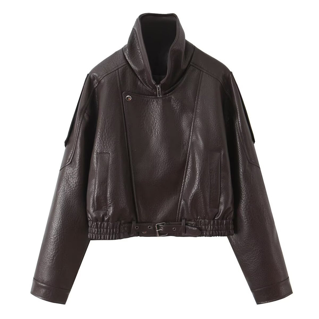 Damen Cropped Bikerblouson aus veganer Lederoptik mit asymmetrischer Frontpatte und Taillenbund Nord Taschen