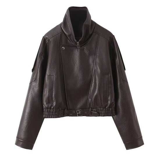 Damen Cropped Bikerblouson aus veganer Lederoptik mit asymmetrischer Frontpatte und Taillenbund Nord Taschen