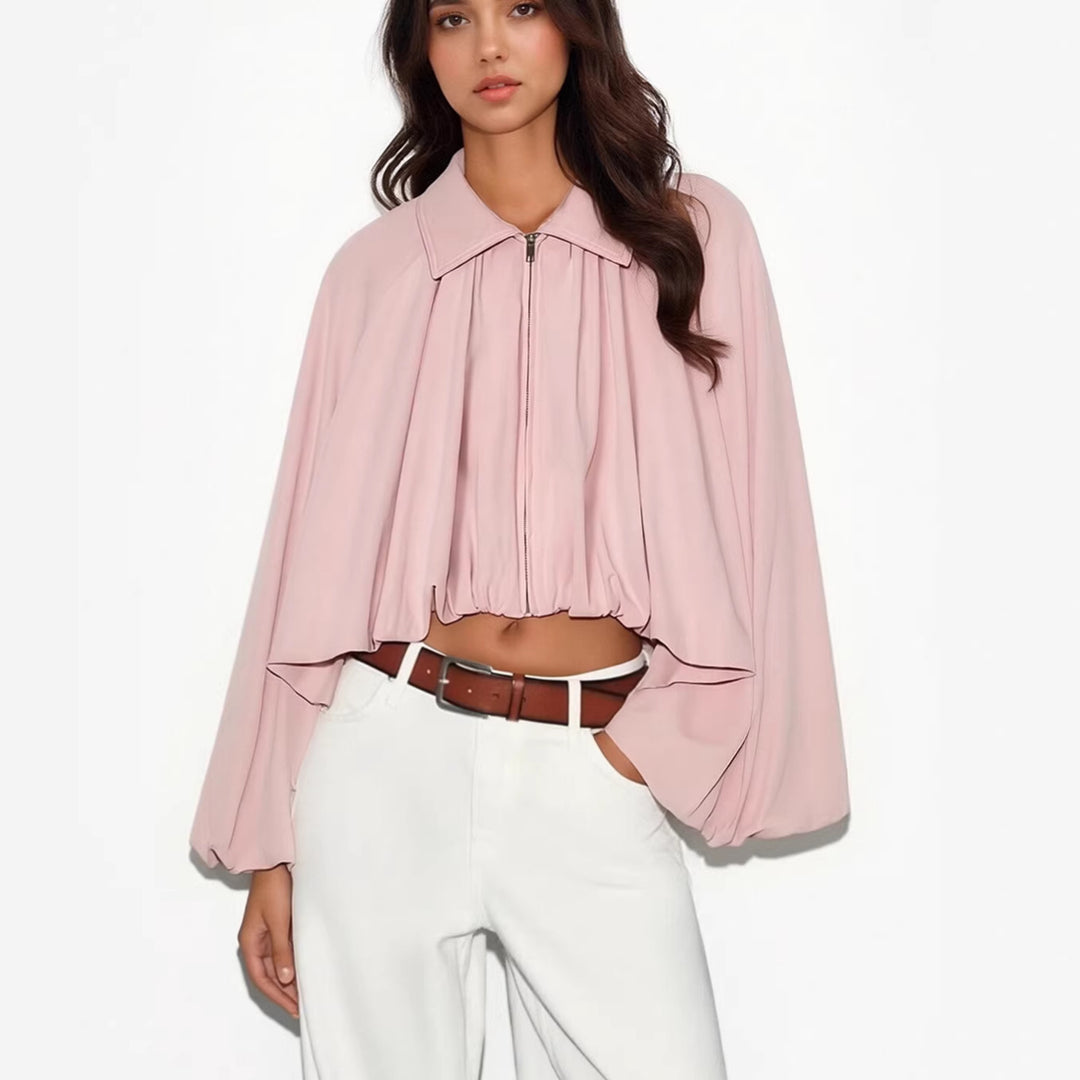 Damen Kurze Cape-Jacke mit voluminösen Ballonärmeln, Stehkragen und Reißverschluss Nord Taschen