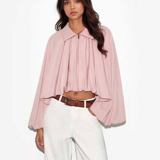 Damen Kurze Cape-Jacke mit voluminösen Ballonärmeln, Stehkragen und Reißverschluss Nord Taschen