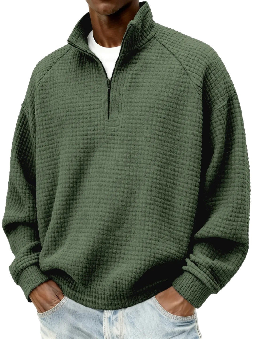 Herren Waffelstrick-Oversize-Pullover mit Halbreißverschluss und Stehkragen Nord Taschen