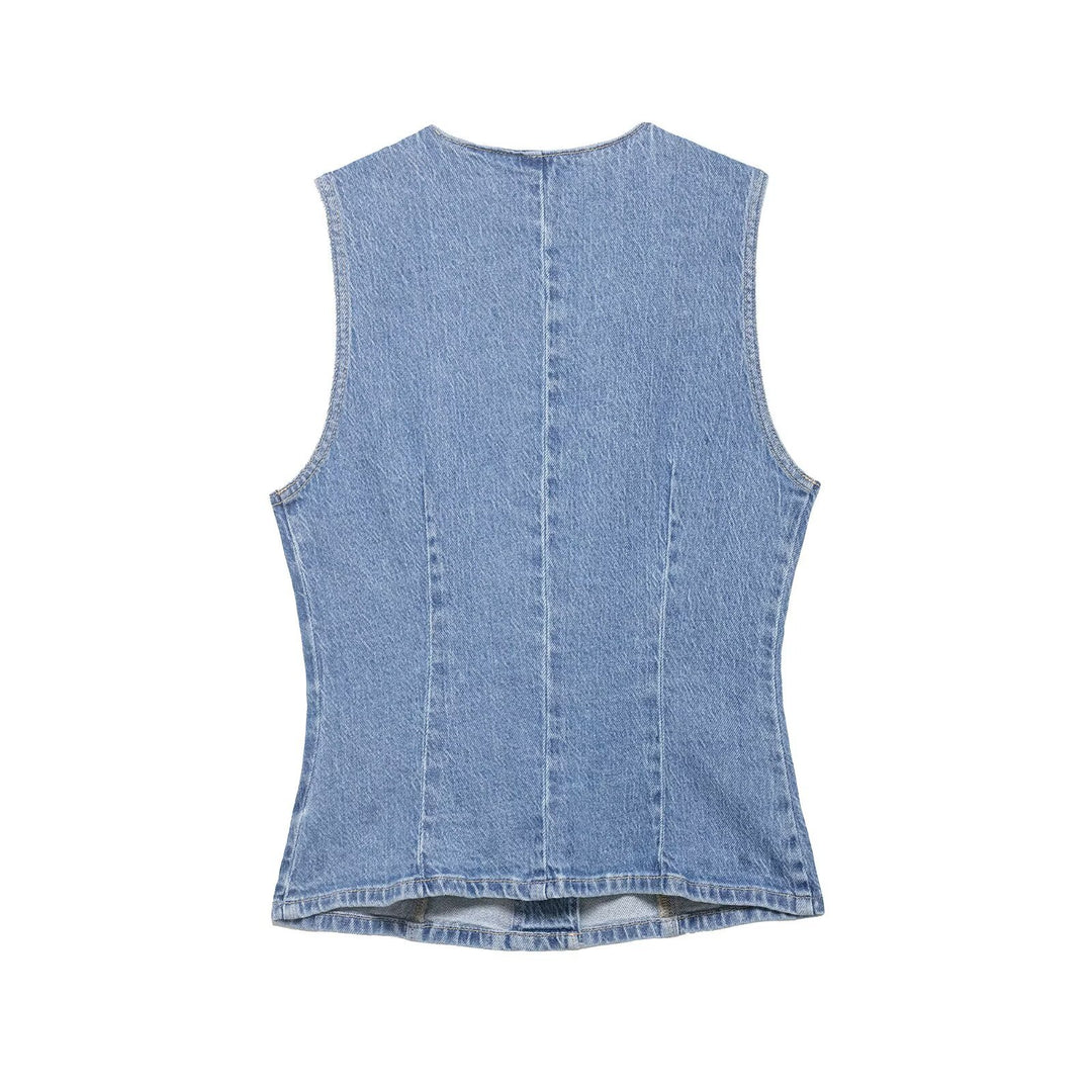 Damen Taillierte Jeansweste mit asymmetrischer Knopfleiste und Wiener Nähten Nord Taschen
