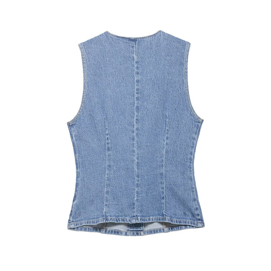 Damen Taillierte Jeansweste mit asymmetrischer Knopfleiste und Wiener Nähten Nord Taschen