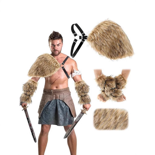 Herren Kriegerisches Kostüm‑Accessoire‑Set aus Kunstpelz mit Schulterbehang, Armschützern und verstellbarem Leder‑Harness Nord Taschen