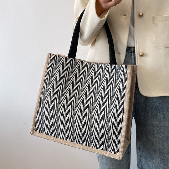 Damen Jute-Shoppertasche mit modernem Wellenmuster und stabilen Tragegriffen Nord Taschen